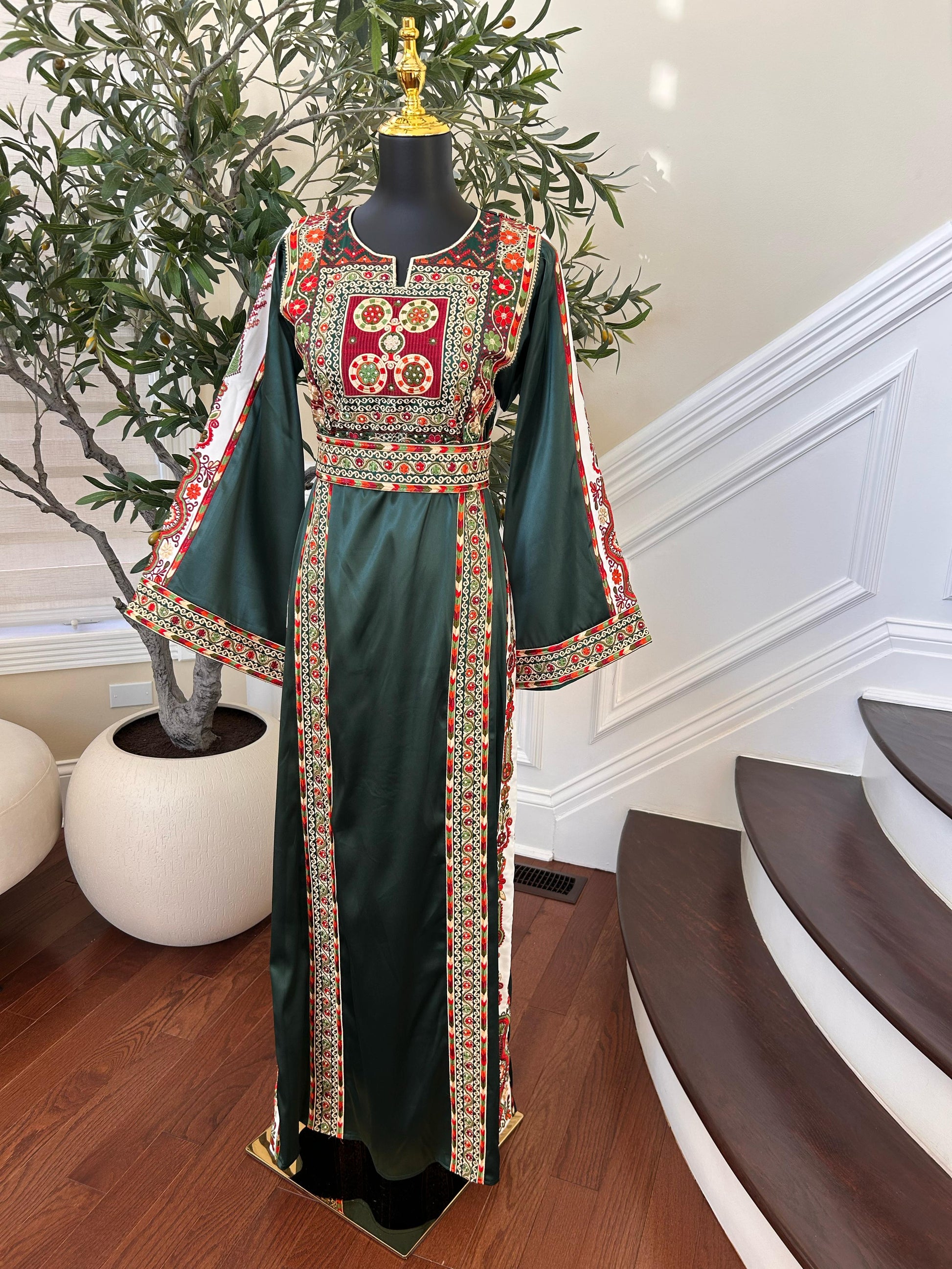 Green Satin Tatreez Embroidered Thobe