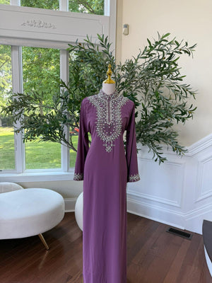 Royal Pink  – Modest Kaftan with Handcrafted Crystal Neckline