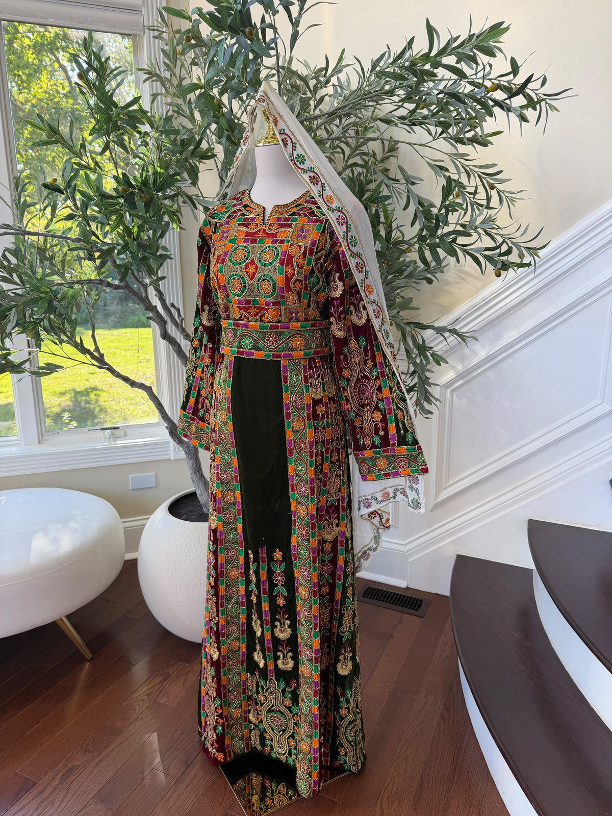 Elegant Black Velvet Thobe with Vibrant Multicolor Traditional Embroidery(scarf not included)