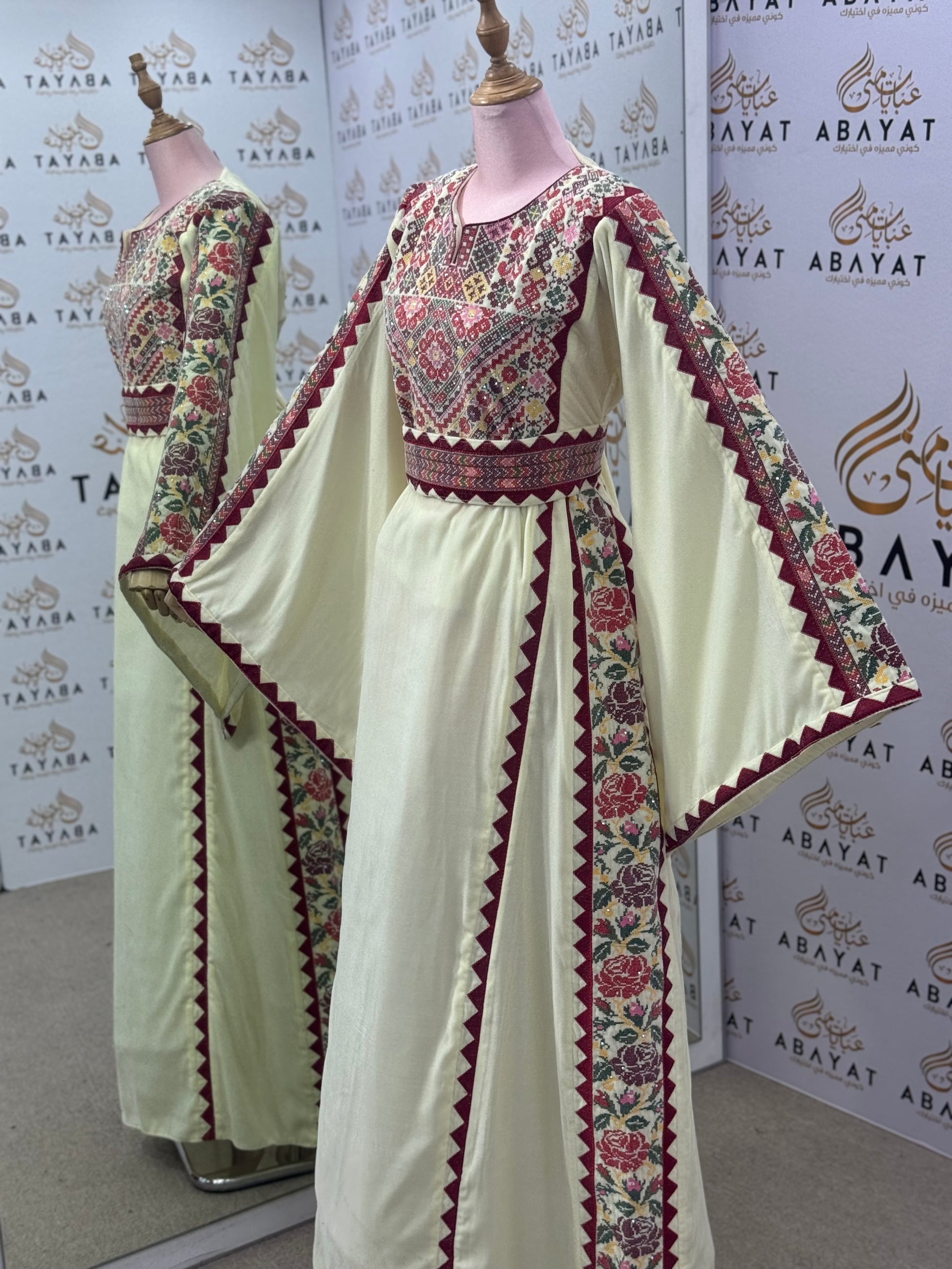 Heritage Thobe – Burgundy & Rose Floral Palestinian Embroidery