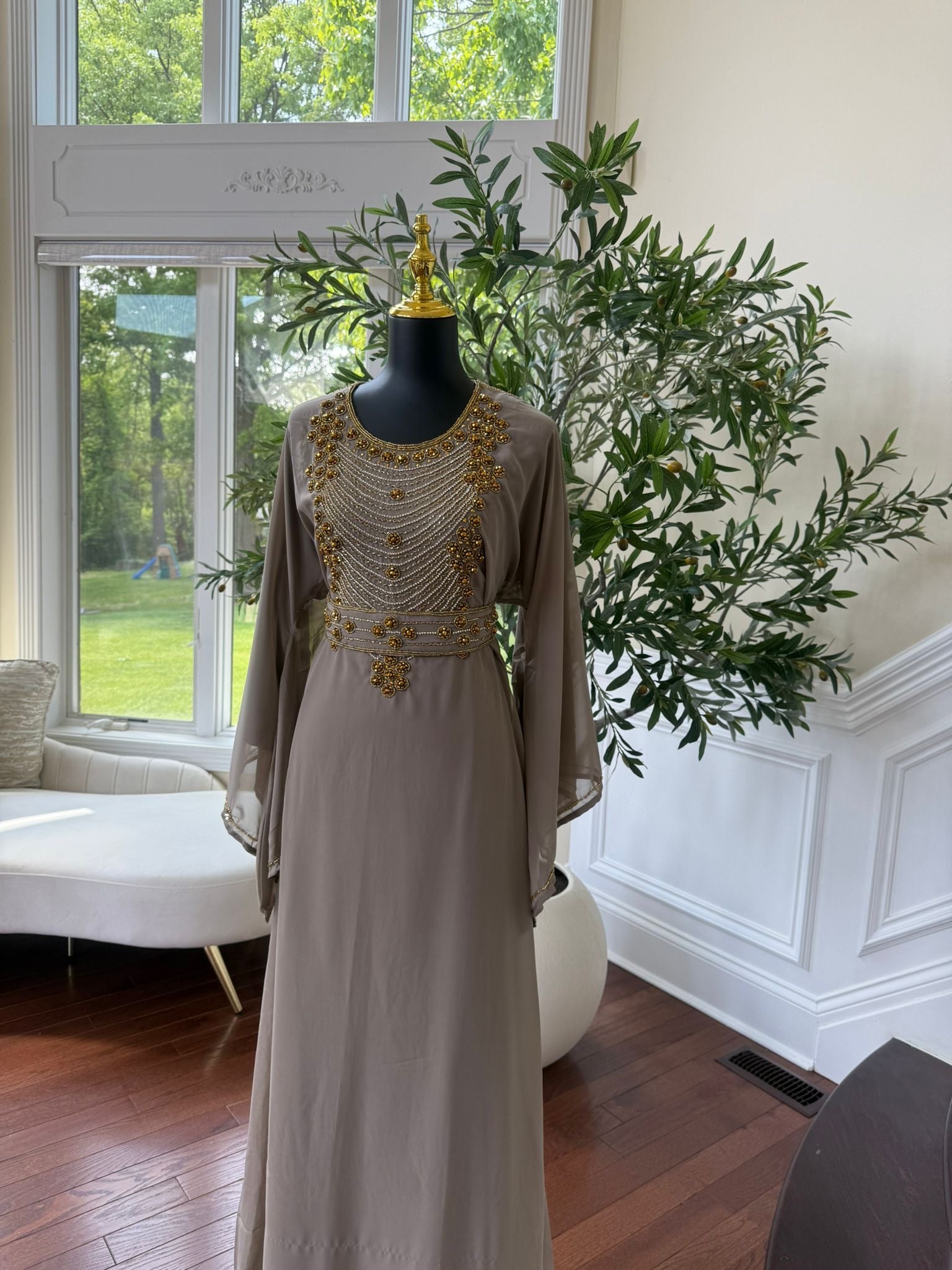 Taupe Beaded Kuftan Maxi Dress