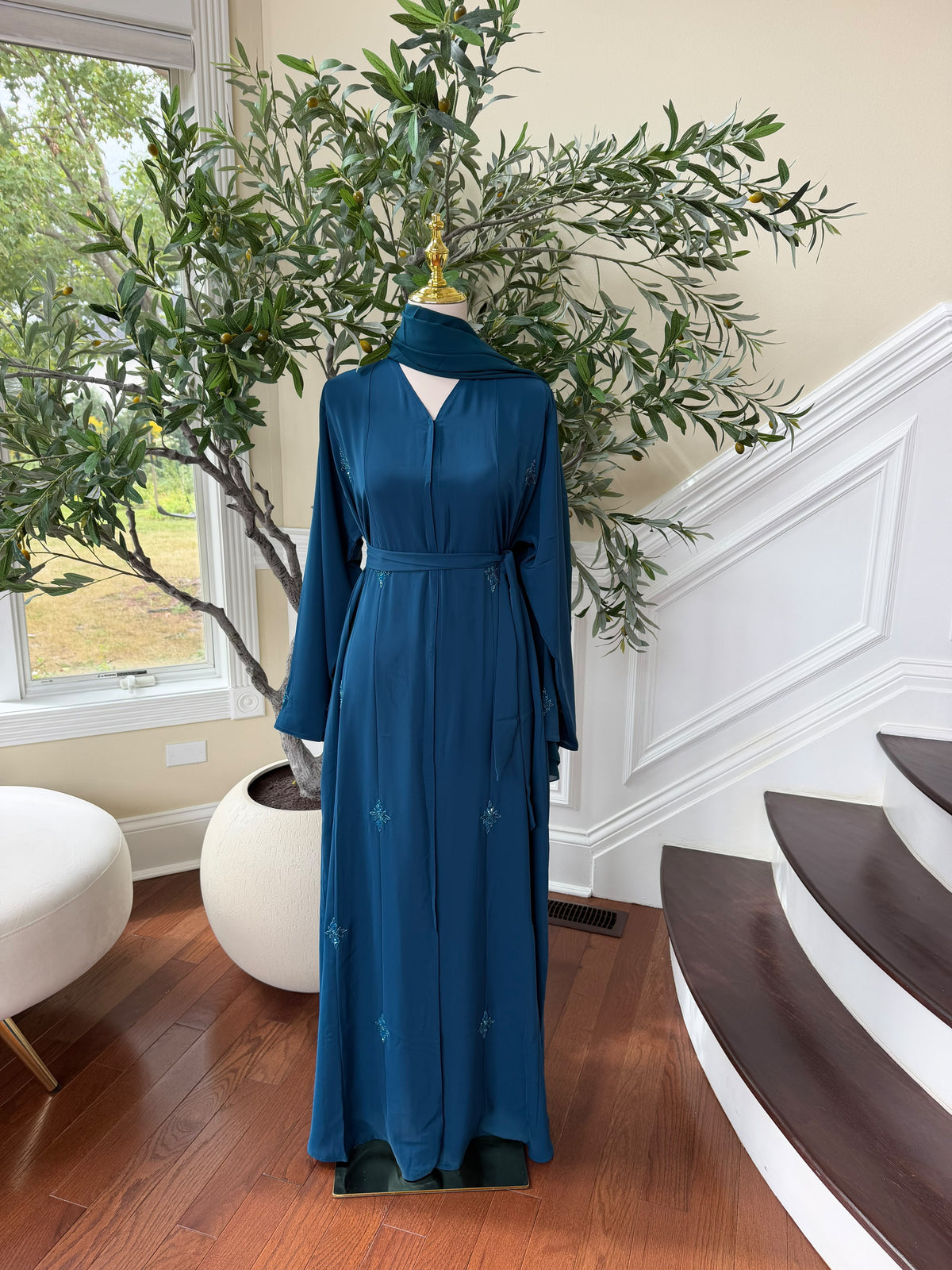 Turquoise Nada Fabric Charm Beaded Elegance Abaya