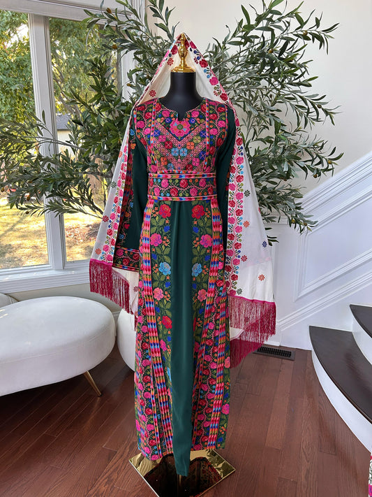 Green Floral Embroidered Tatreez Thobe