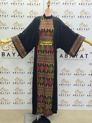 Black Palestinian Thobe with Multicolor Tatreez Embroidery & Coin Belt Detail A1968