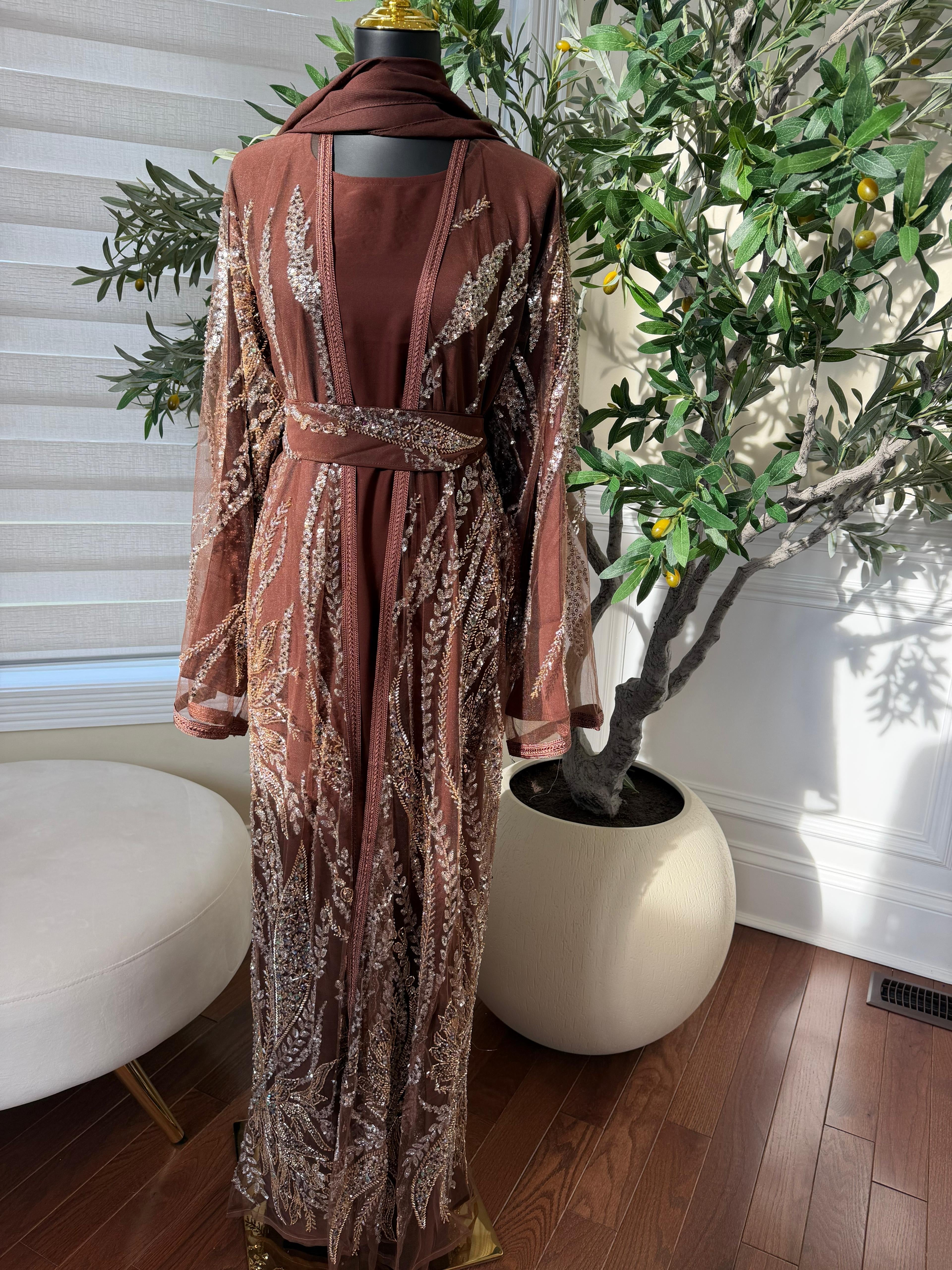 Mocha Sequin Two Piece Abaya