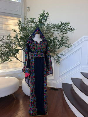 Elegant Navy Blue Velvet Palestinian Thobe with Vibrant Multicolor Floral Embroidery(scarf not included)