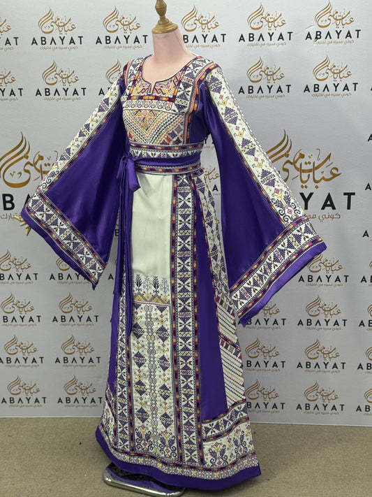 Lavender & Cream Palestinian Thobe – Mixed Fabric with Traditional Tatreez