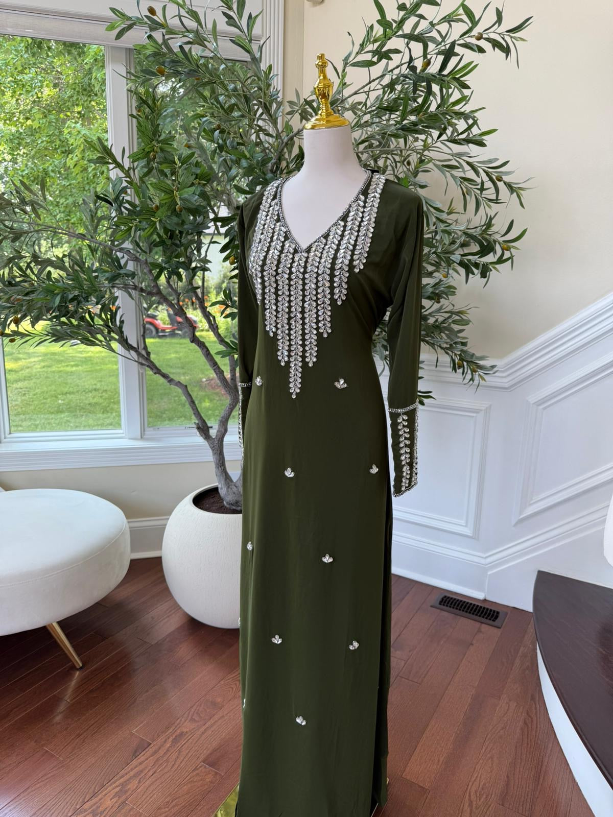 Olive Forest Bloom – Modest Kaftan with Hand-Embellished Neck & Sleeves
