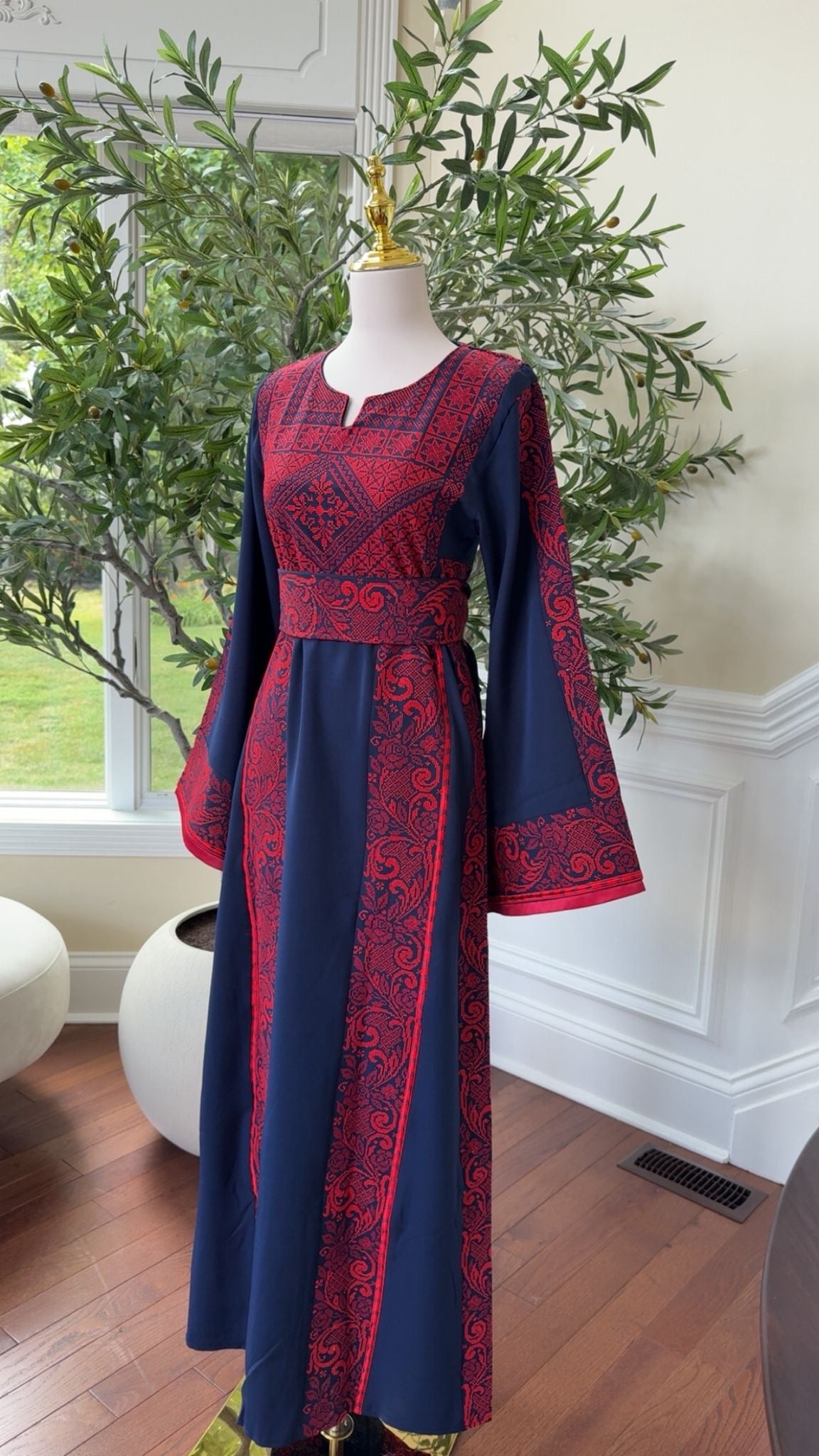Navy Elegance with Traditional Red Embroidery Thobe