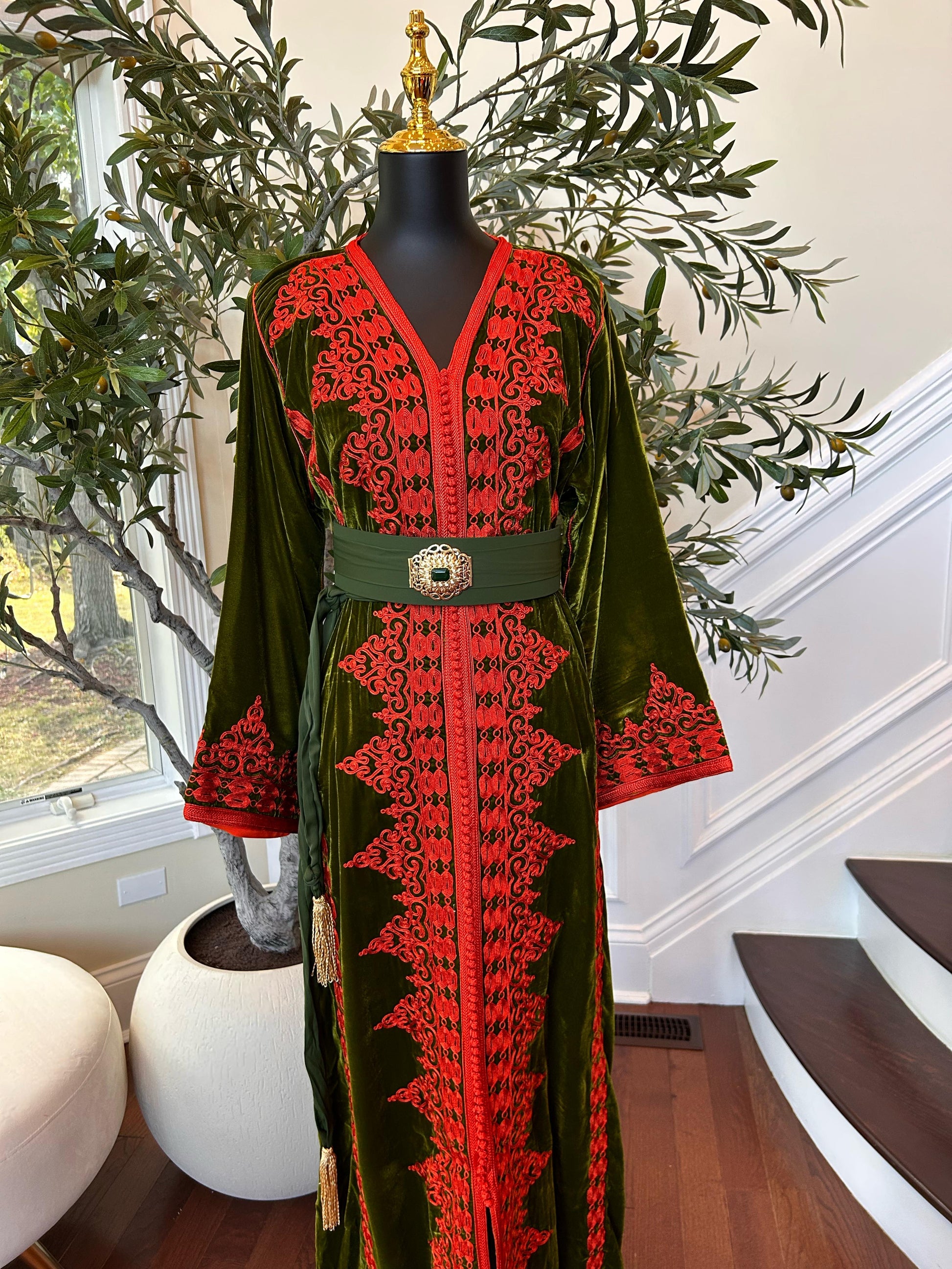 Olive Majestic Red Royale Kuftan
