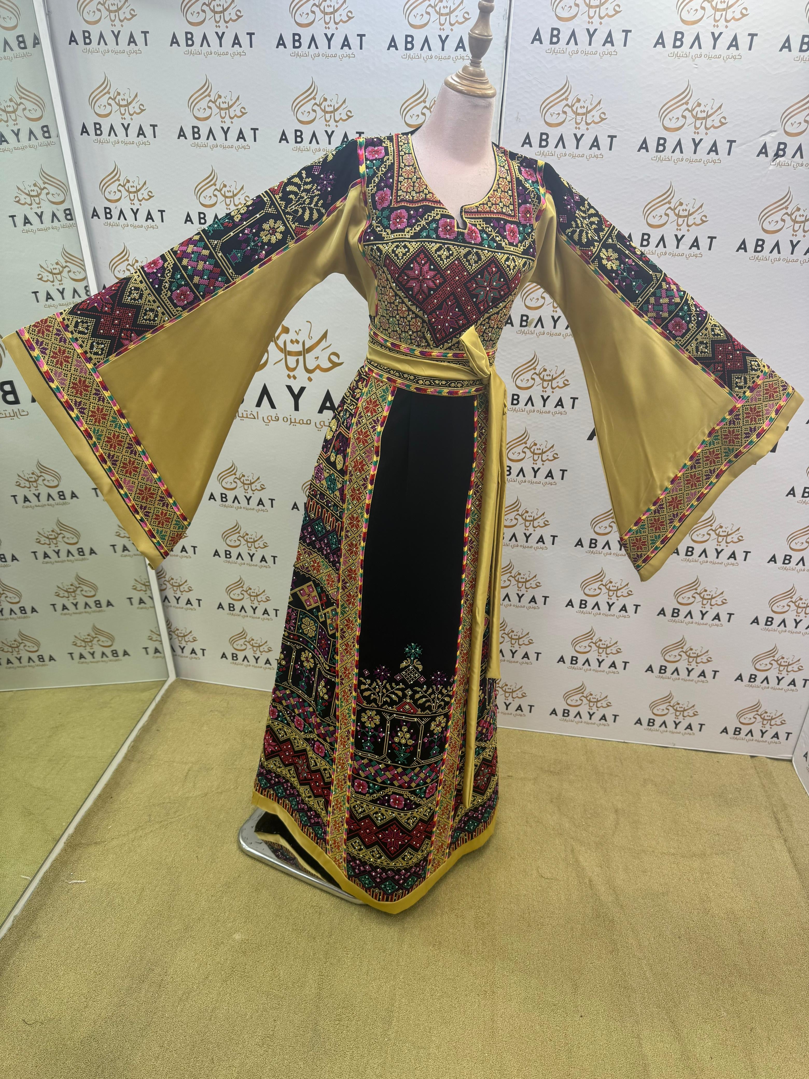 Traditional Palestinian Embroidered Thobe – Black & Gold Multicolor He ...