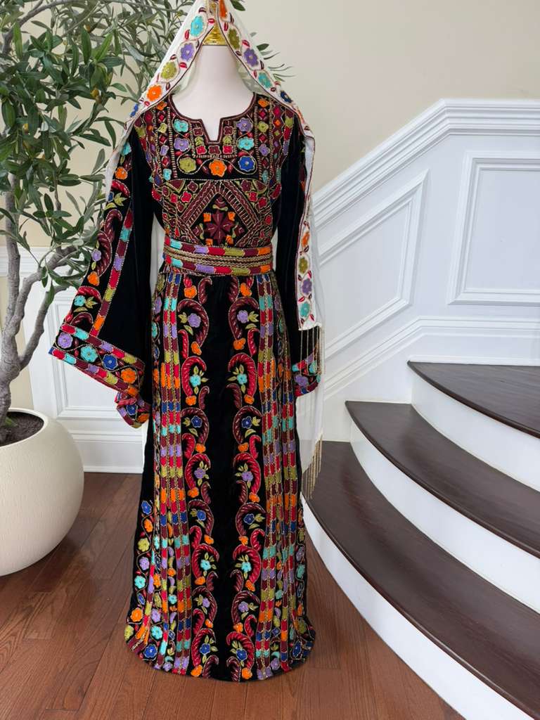 Luxury Bridal Palestinian Thobe with Embroidery Tatreez, Hand Beading & Detachable Overskirt on Rich Velvet Fabric