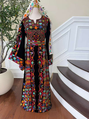 Luxury Bridal Palestinian Thobe with Embroidery Tatreez, Hand Beading & Detachable Overskirt on Rich Velvet Fabric