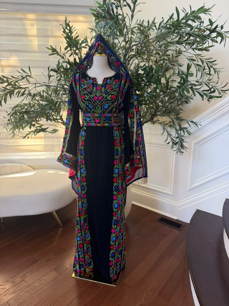 Elegant Navy Blue Velvet Palestinian Thobe with Vibrant Multicolor Floral Embroidery(scarf not included)