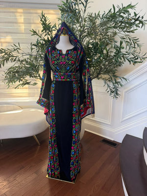 Elegant Navy Blue Velvet Palestinian Thobe with Vibrant Multicolor Floral Embroidery(scarf not included)