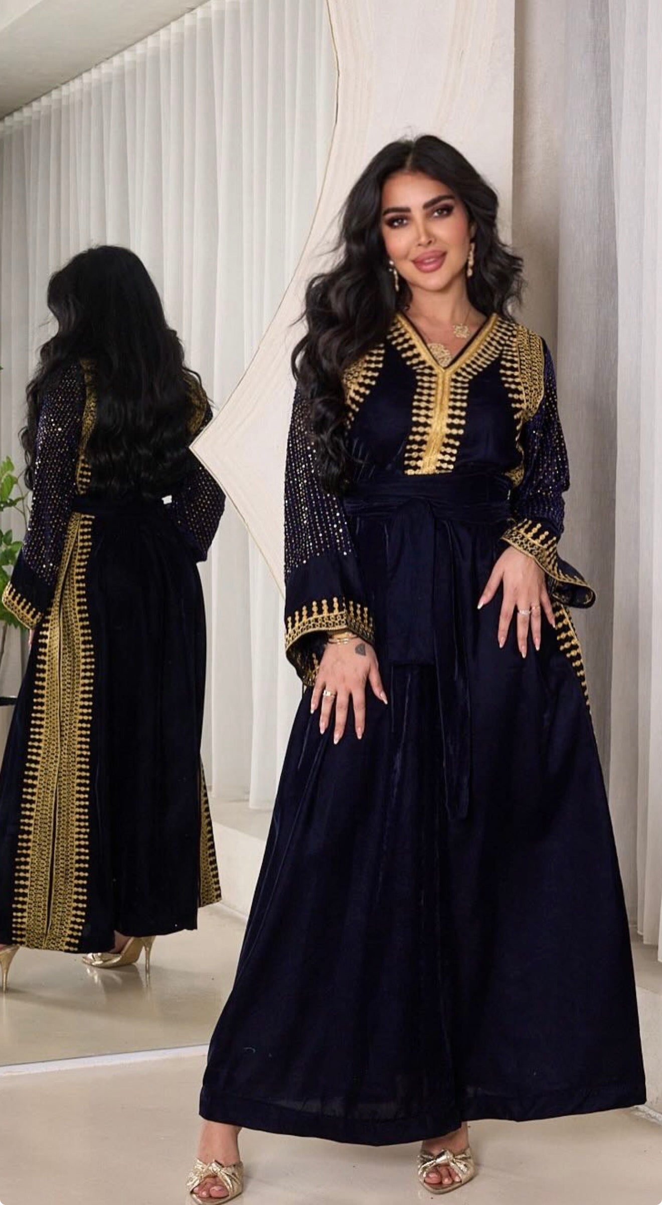 Navy Blue Velvet Celestial Gold Dress