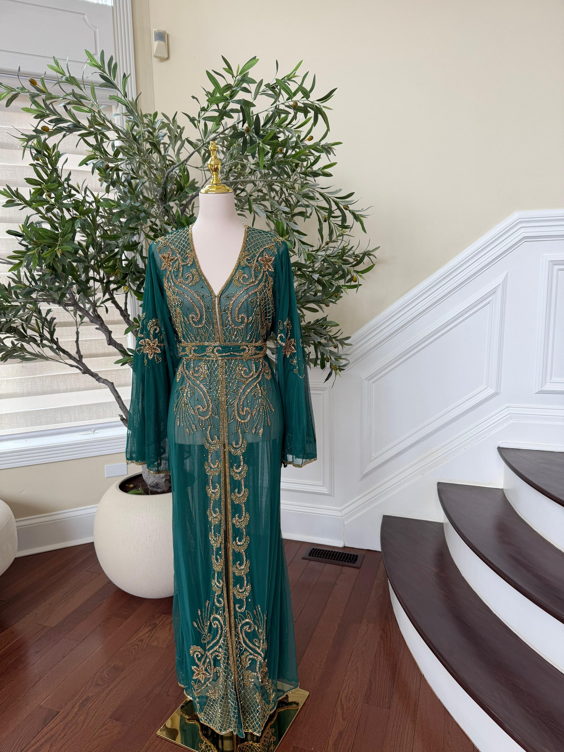 Emerald Green Stone Cardigan Abaya