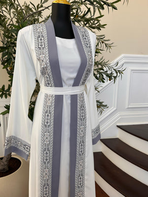 White And Grey Tatreez Beaded Two Piece Abaya