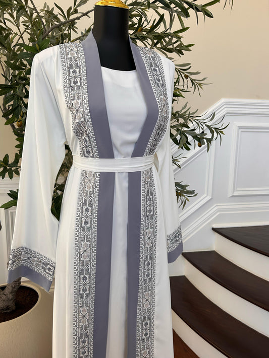 White And Grey Tatreez Beaded Two Piece Abaya