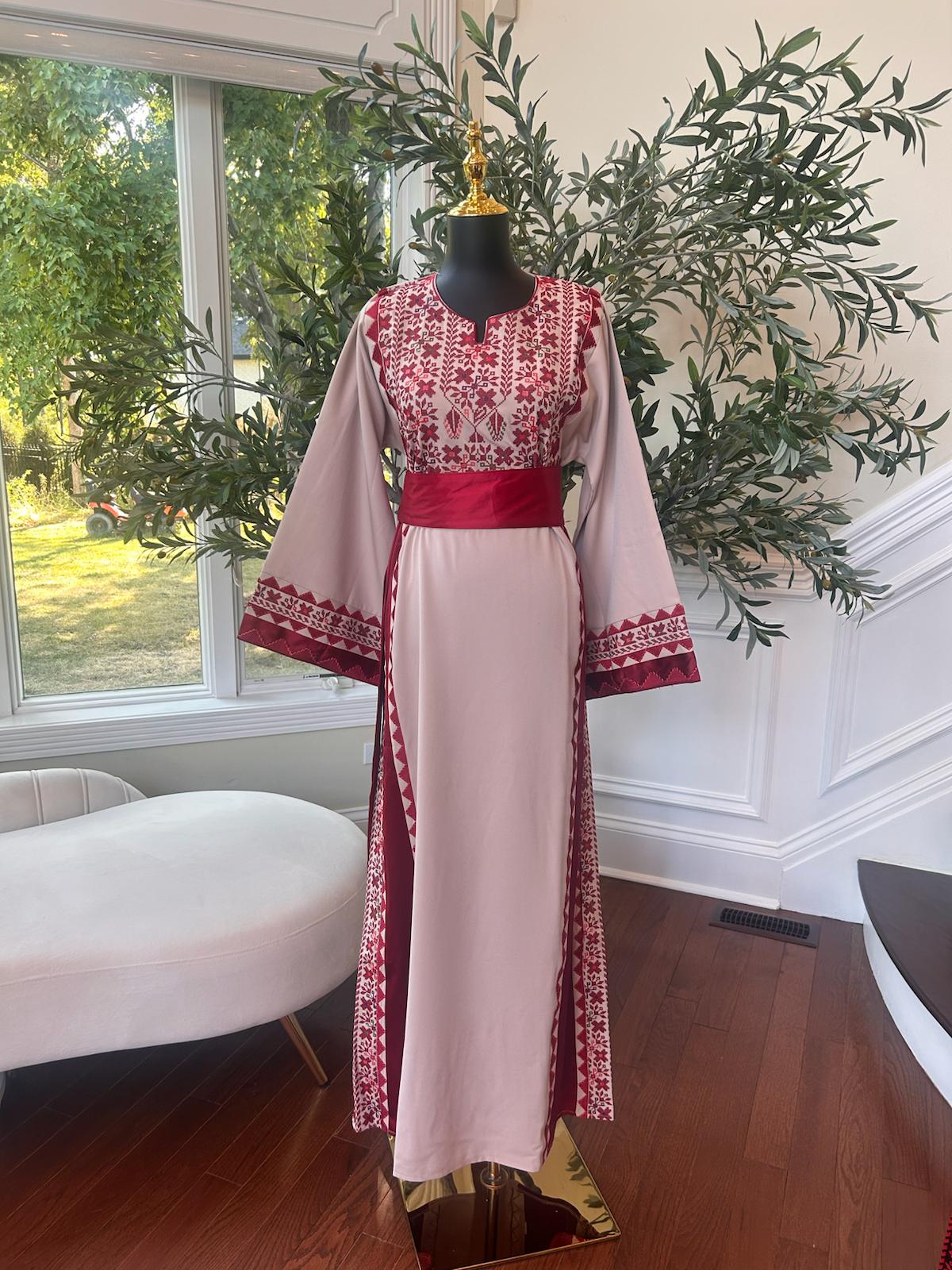 Cream Embroidery Red Detail Tatreez Thobe