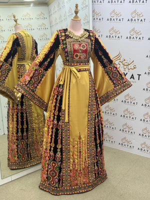 Premium Palestinian Malakah Thobe – Gold Satin & Black Velvet Embroidery