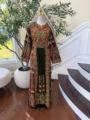 Elegant Black Velvet Thobe with Vibrant Multicolor Traditional Embroidery(scarf not included)