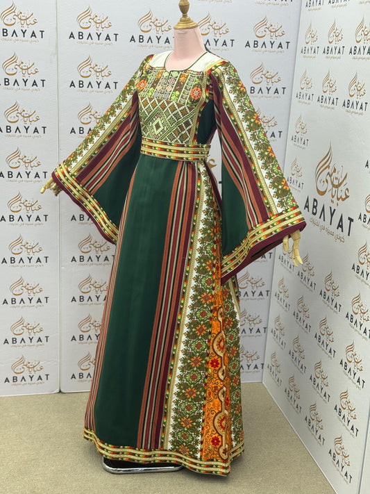 Green Palestinian Embroidered Thobe | Striped Heritage Design with Orange Accents A09072015