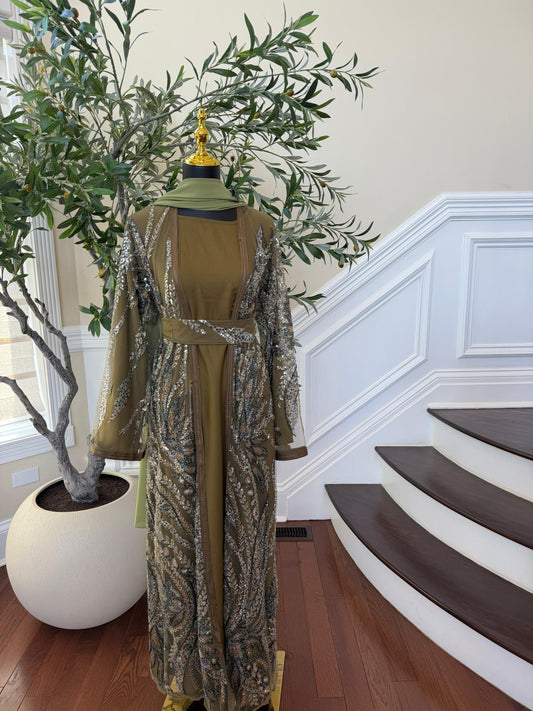 Olive Luxe Sparkle Cardigan Abaya