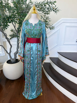 Elegant Sky Blue Satin Thobe with Intricate Green and Pink Floral Embroidery, Burgundy Belt(scarf not included)