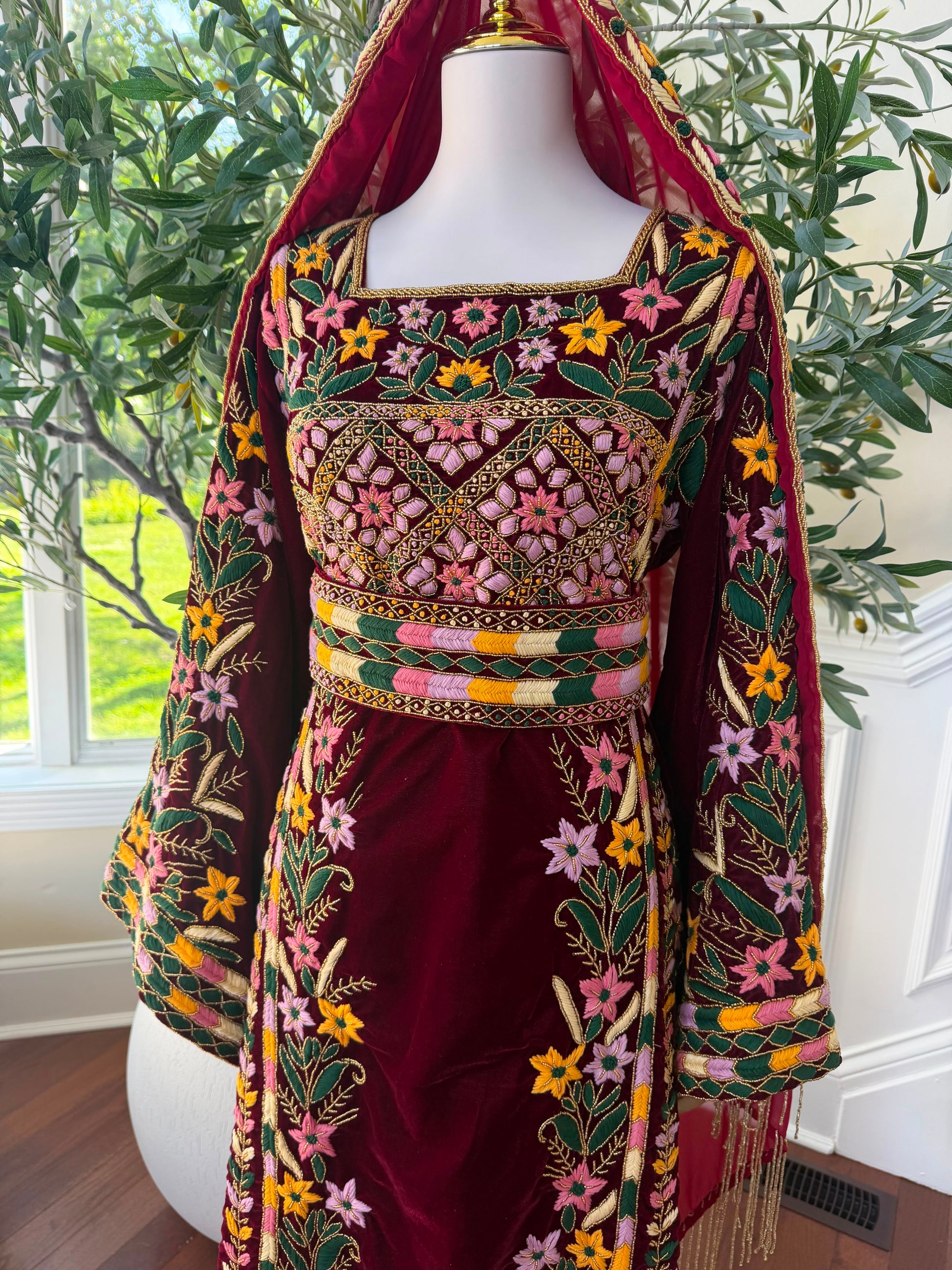 Velvet Red Embroidery Beaded Thobe