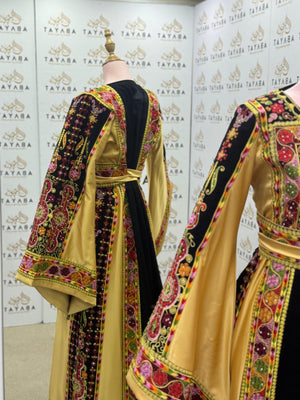 Traditional Palestinian Thobe in Black & Gold with Multicolor Tatreez