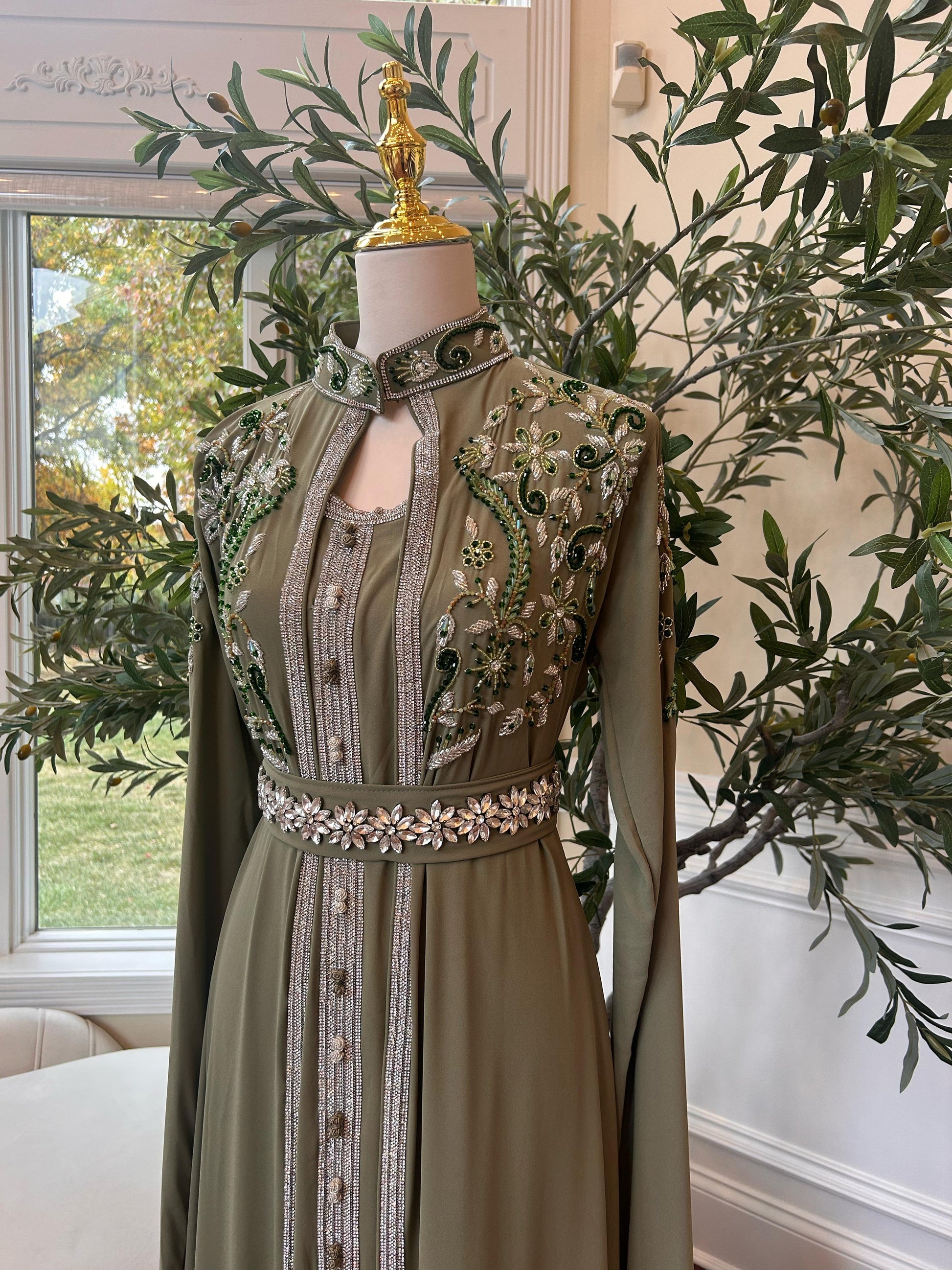 Olive Beaded Stone Kuftan