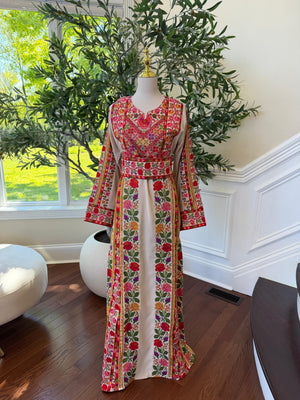 Beige Embroidery Embellished Tatreez Floral Sabal Kharaz Thobe