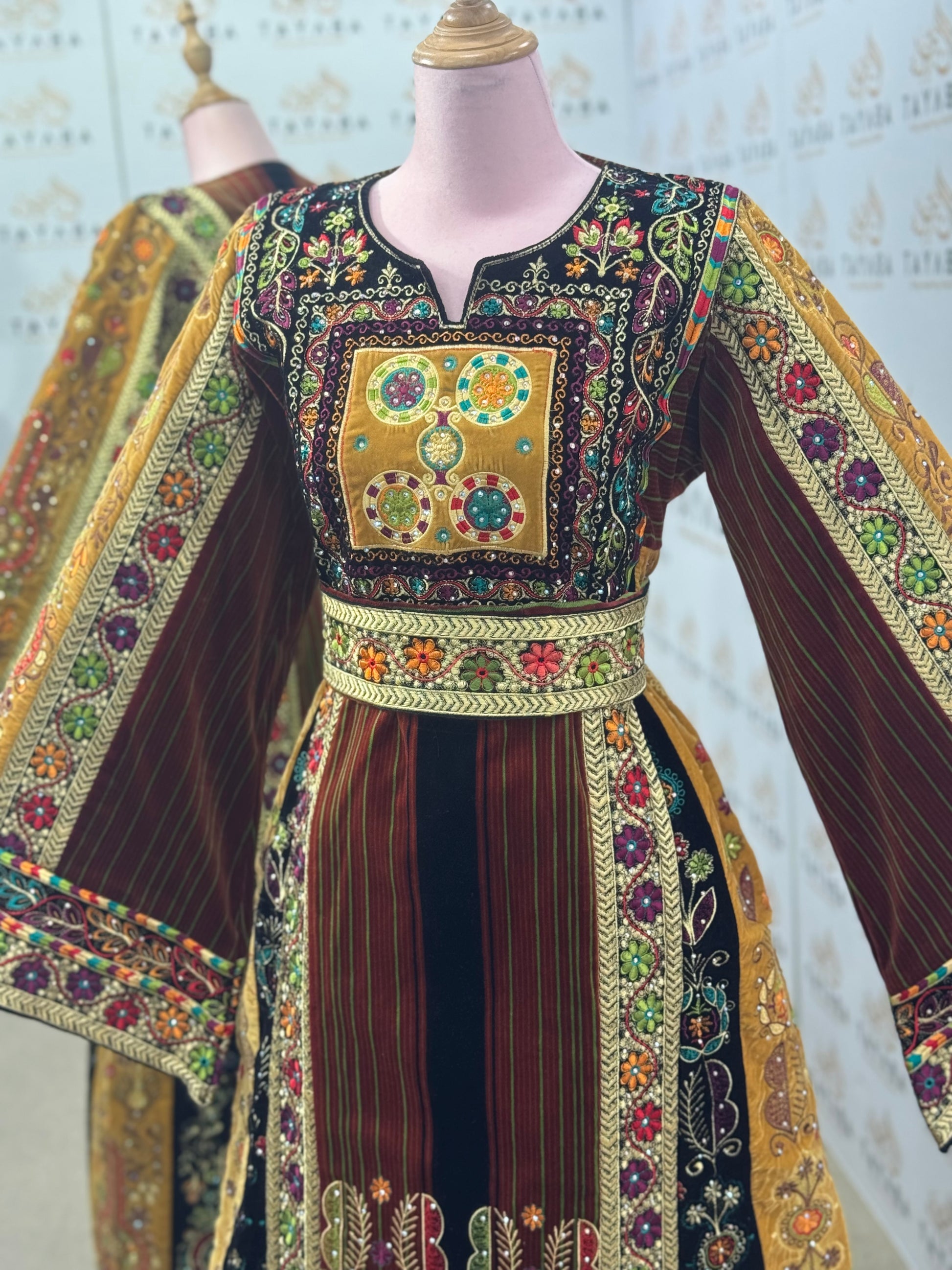 Jana & Nar Velvet Thobe – Golden Palestinian Tatreez Design