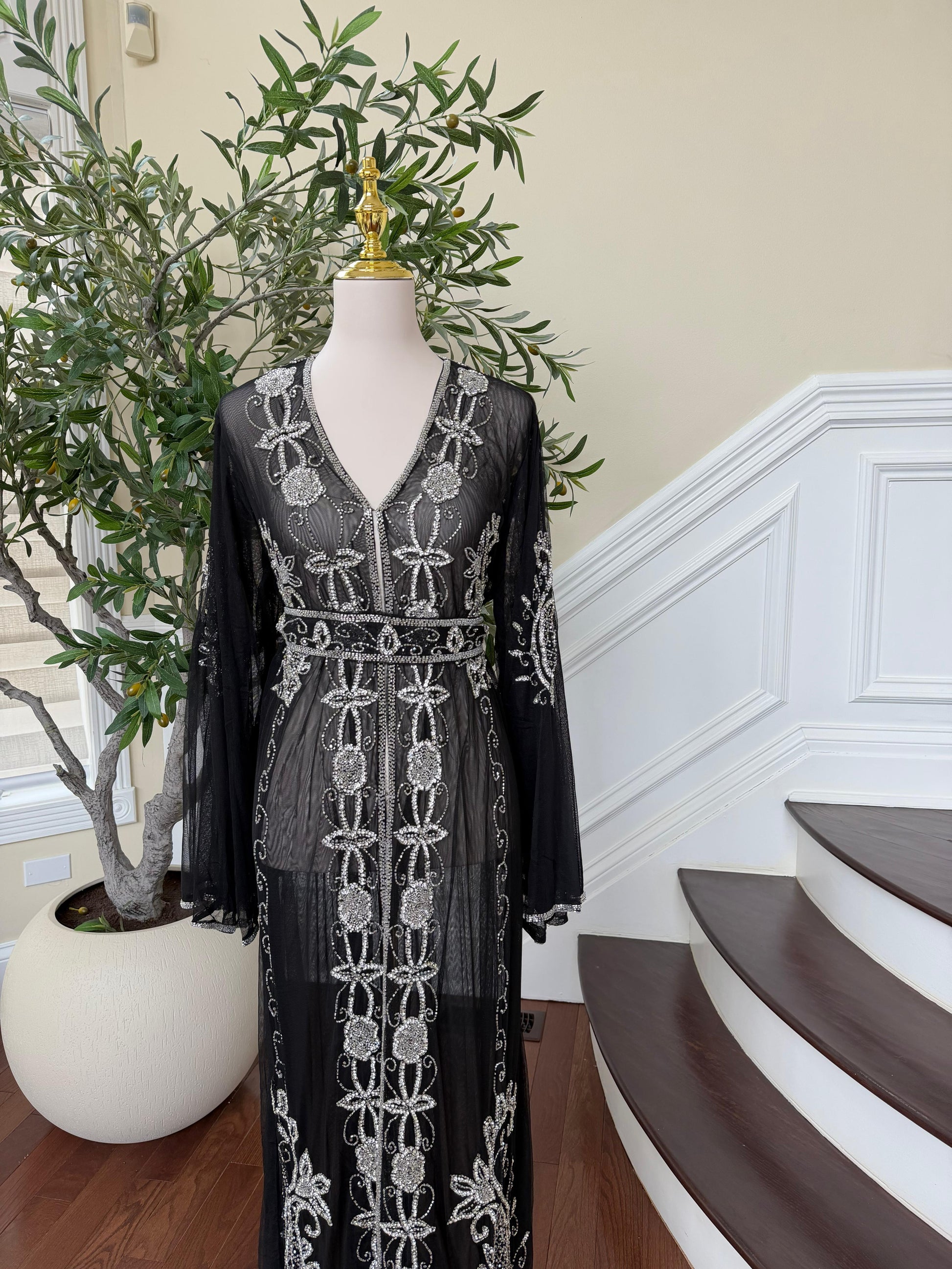 Black Silver Stone Cardigan Abaya