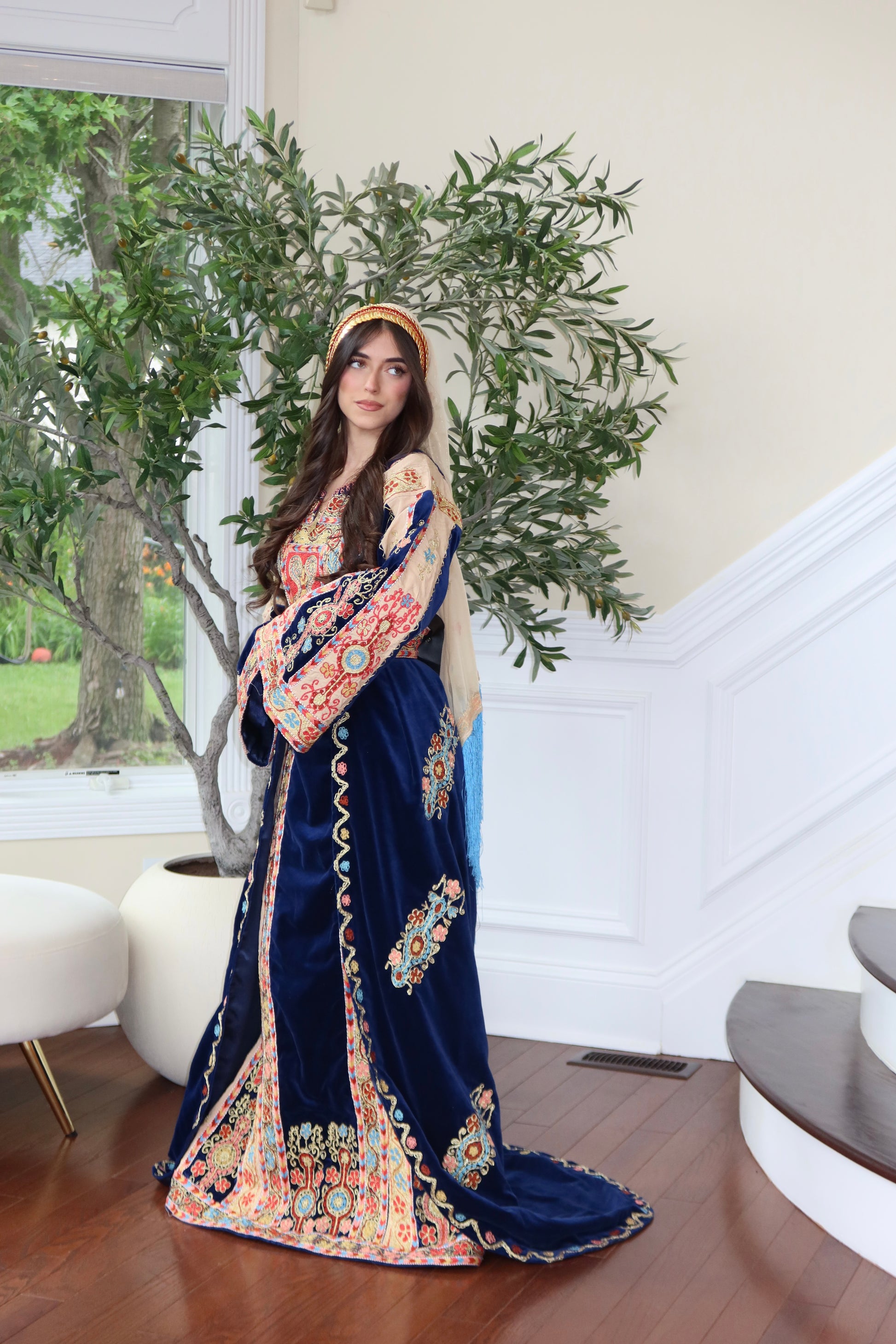 Royal Blue Malaka Handmade Thobe – Luxe Velvet & Intricate Tatreez Skirt and Khirka Shal included