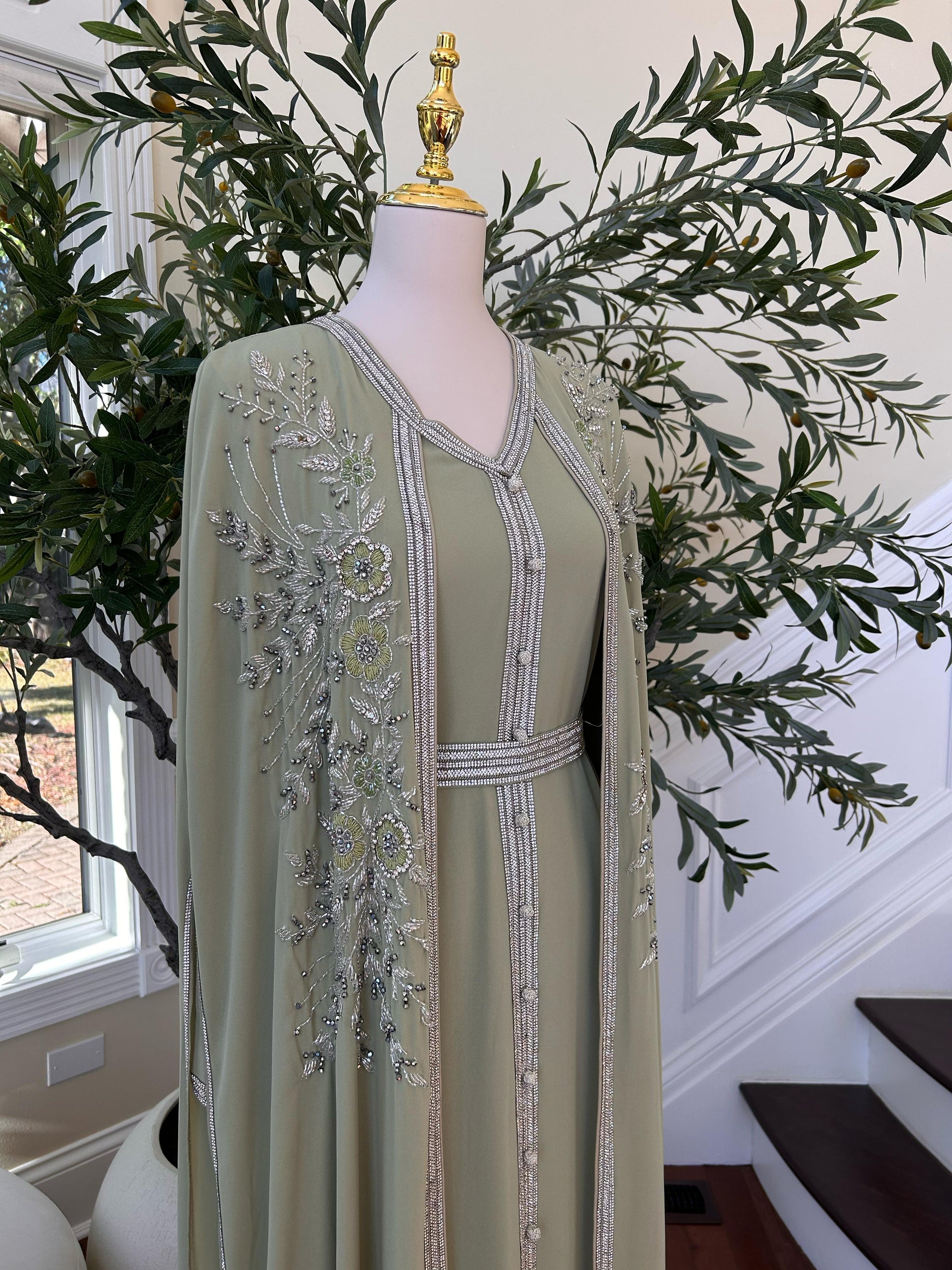 Light Green Floral Kuftan Elegance