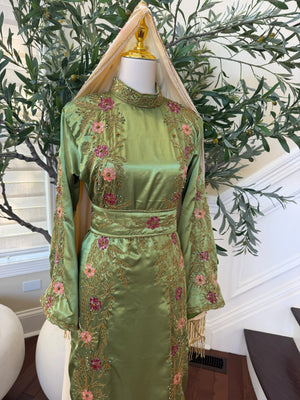Elegant Sage Green Satin Thobe with Pink Floral Embroidery, Gold Detailing, and Matching Belt( scarf not included)
