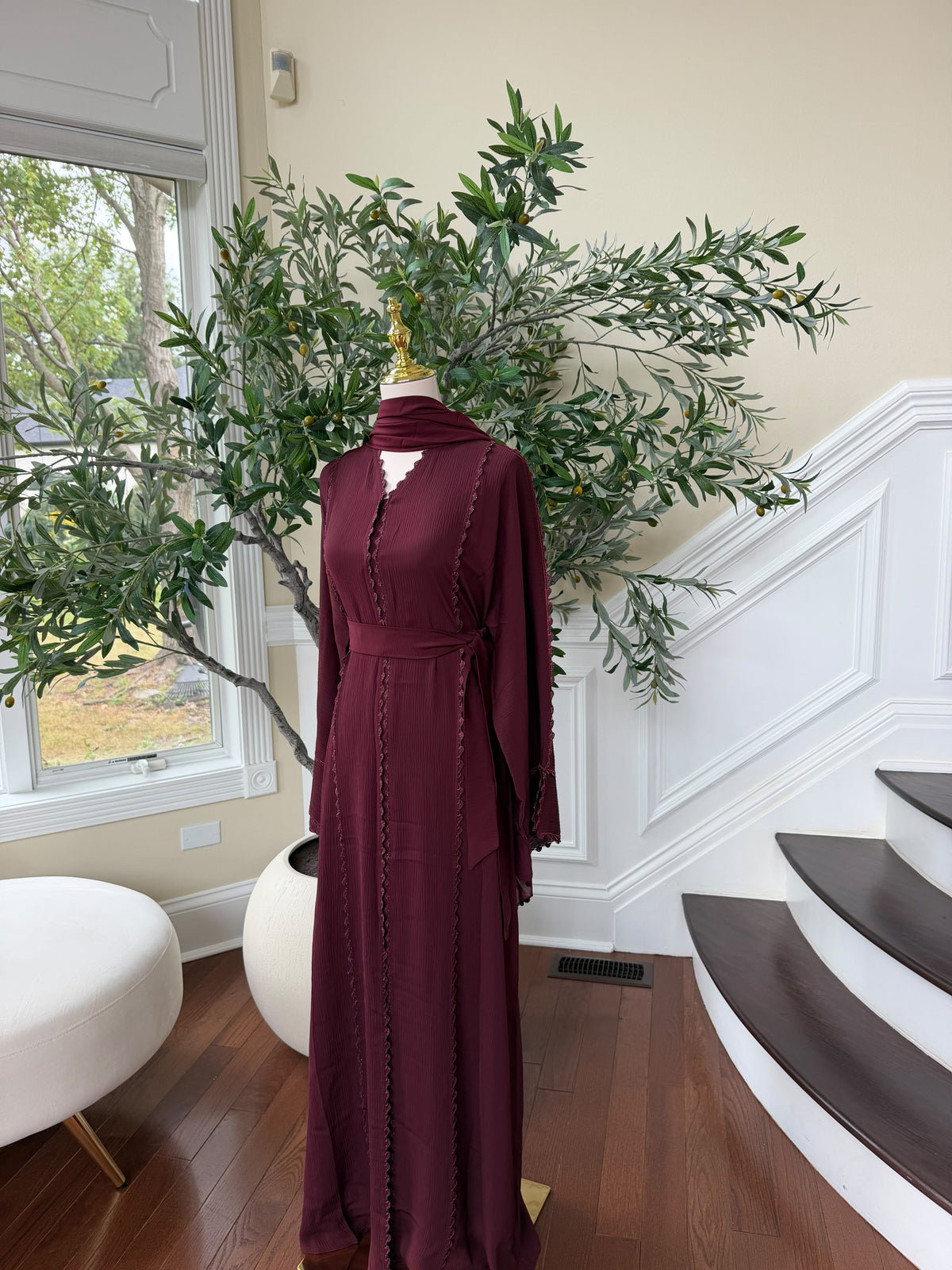 Burgundy Elegance Beaded Charm Abaya