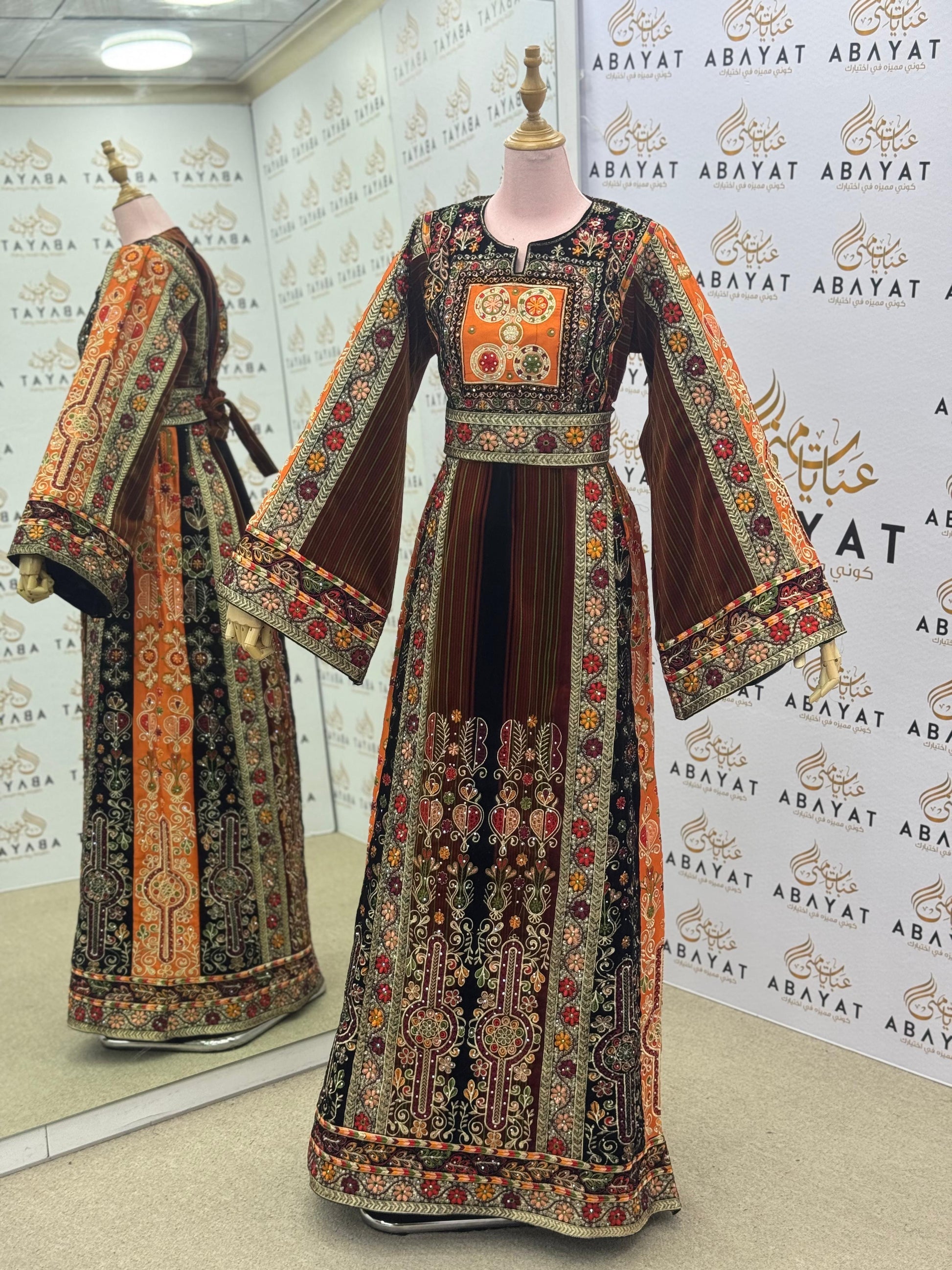 Premium Palestinian Velvet Thobe – Orange & Olive Tatreez Jana & Nar