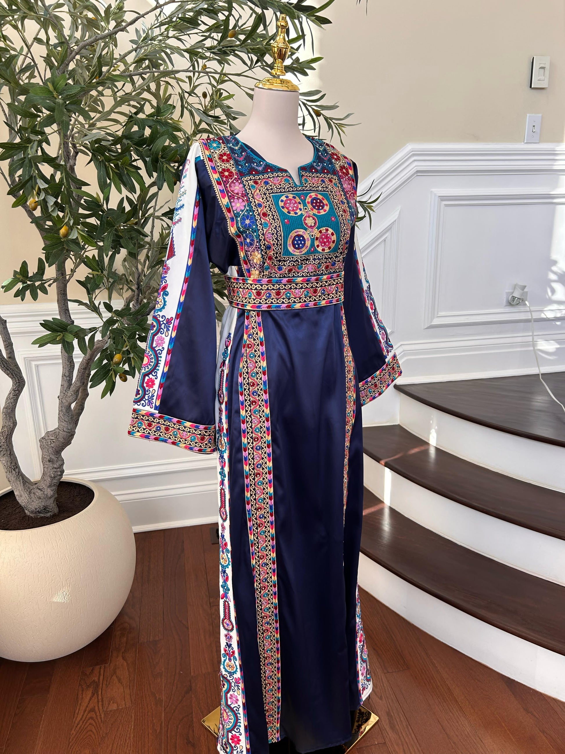 Navy Blue Satin Embroidered Tatreez Thobe