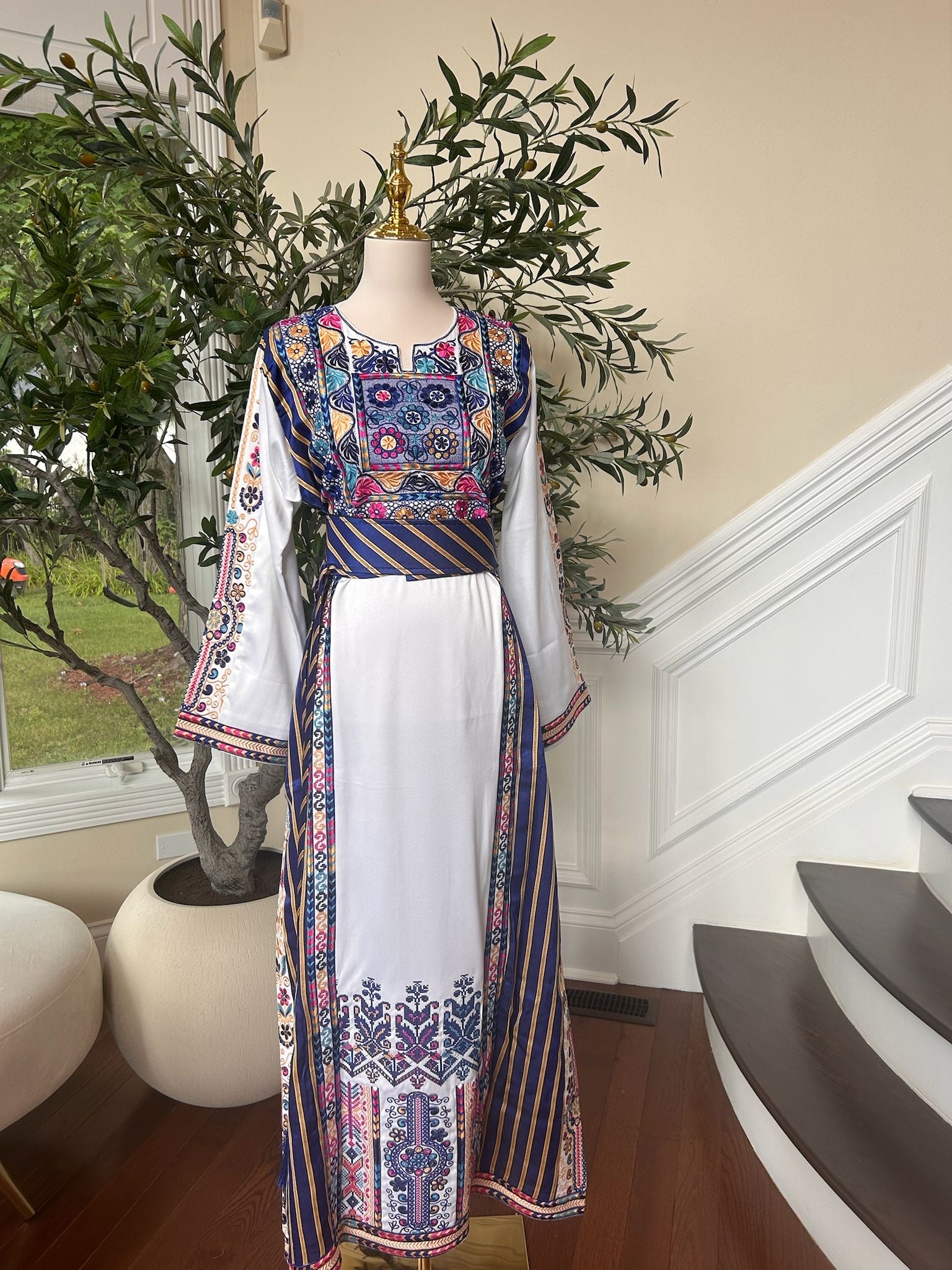 White Embroidery Blue Tatreez Detail Thobe