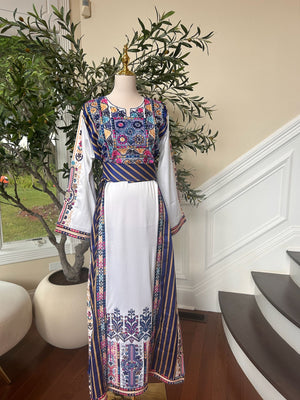 White Embroidery Blue Tatreez Detail Thobe