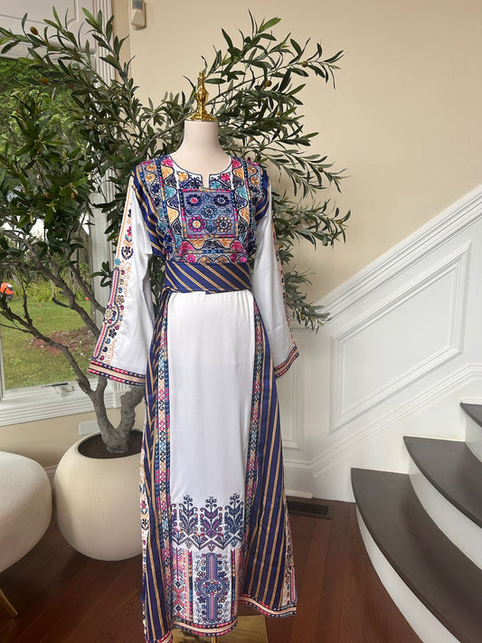 White Embroidery Blue Tatreez Detail Thobe
