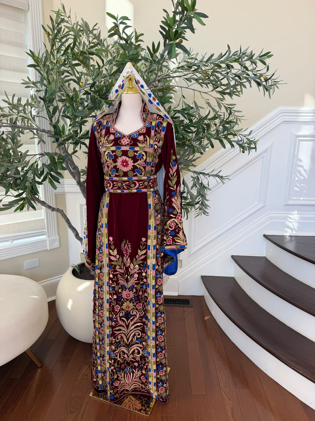 Elegant Burgundy Velvet Palestinian Thobe with Colorful Floral Embroidery(scarf not included)