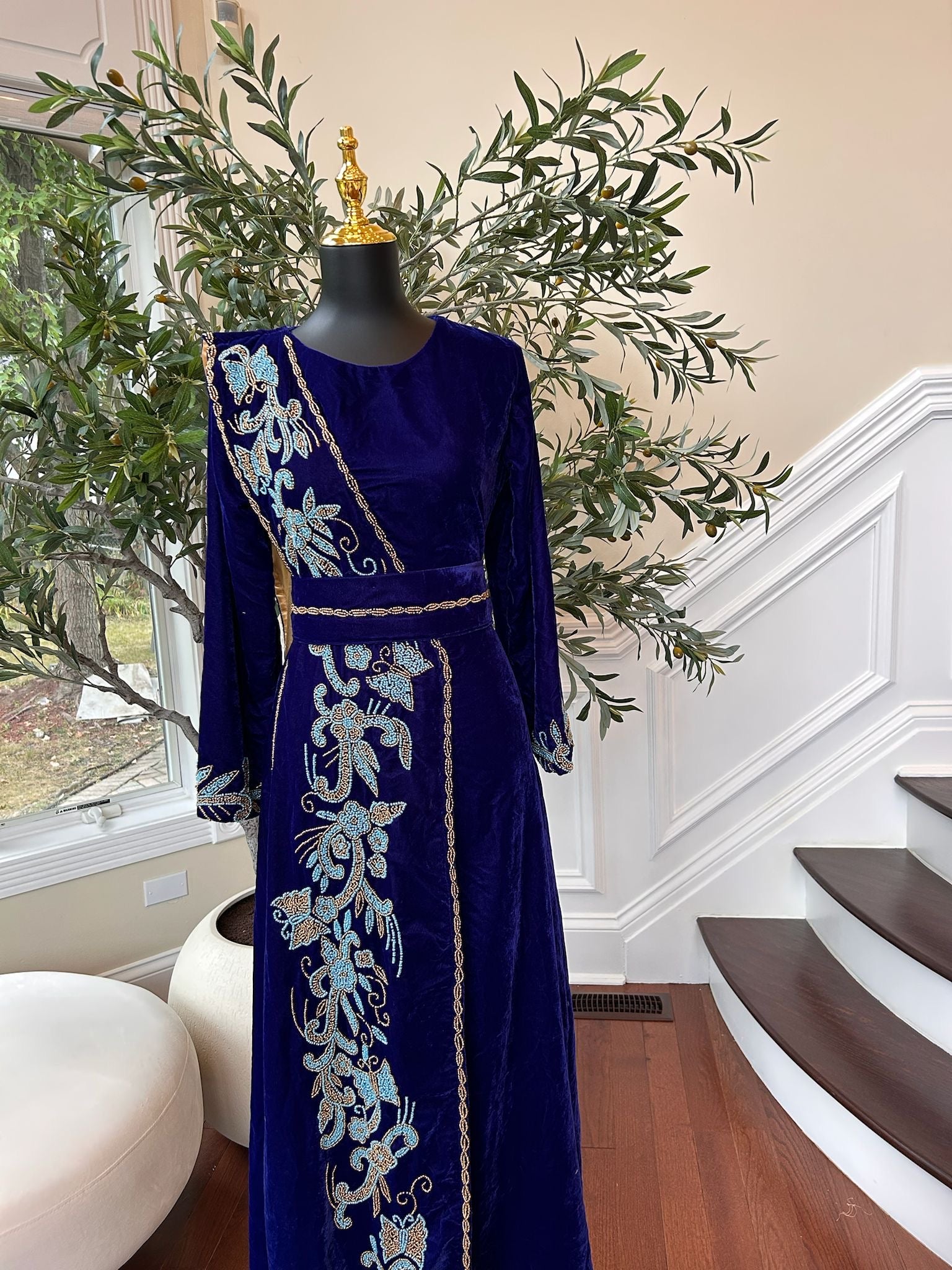 Blue Velvet Stone Charm Kuftan Dress