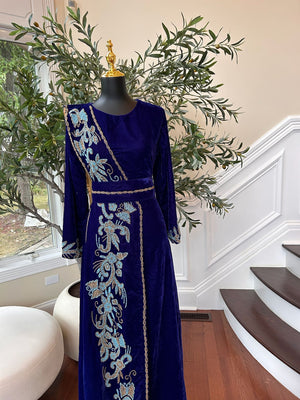Blue Velvet Stone Charm Kuftan Dress