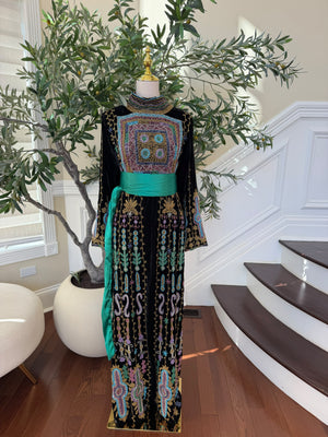 Elegant Black Palestinian Embroidered Thobe with Multicolor Detailing and Turquoise Sash (scarf not included)