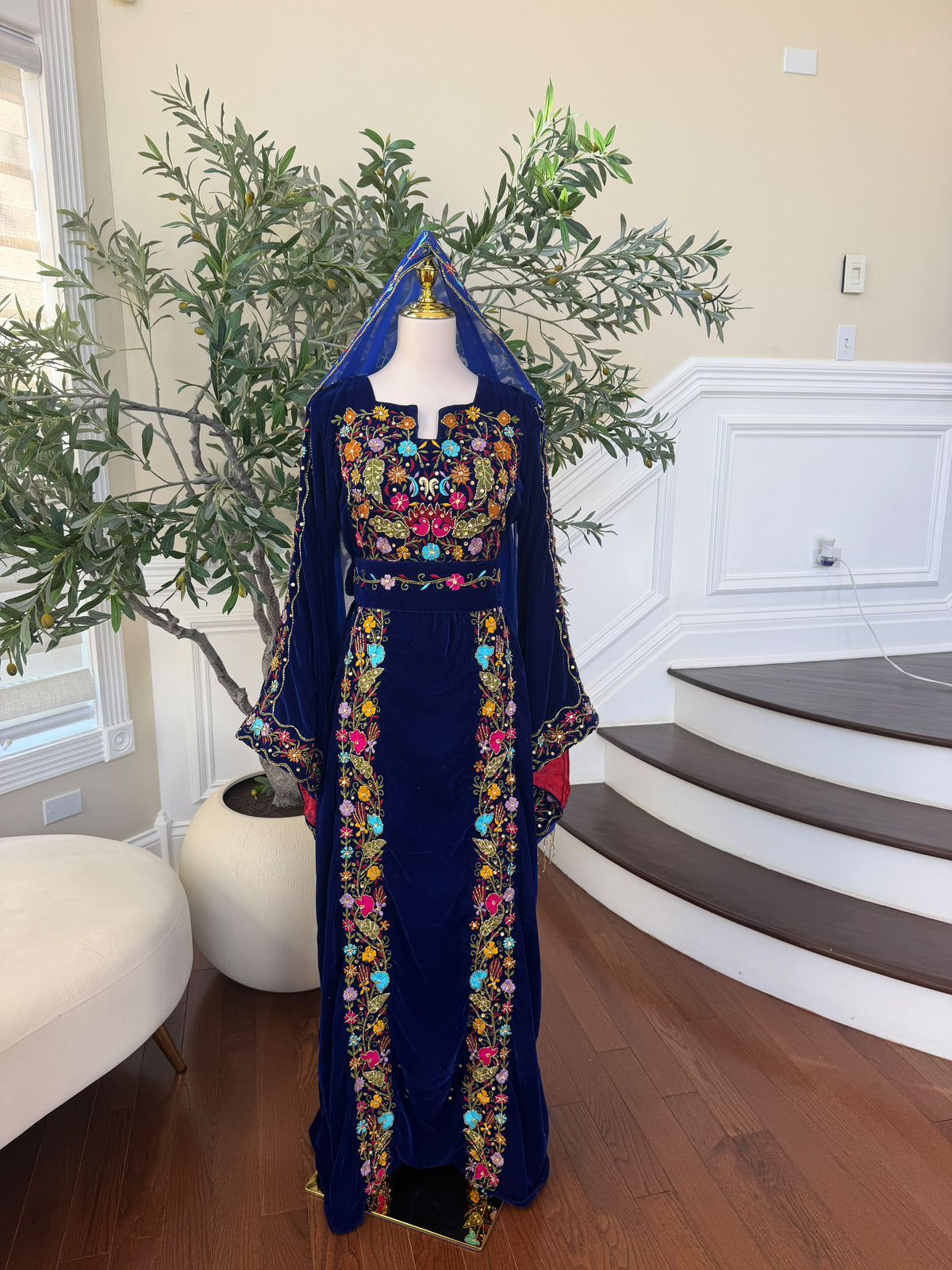 Midnight Blue Velvet Thobe with Intricate Multicolor Embroidery(scarf not included)