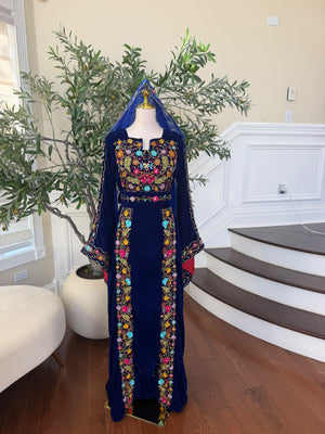 Midnight Blue Velvet Thobe with Intricate Multicolor Embroidery(scarf not included)